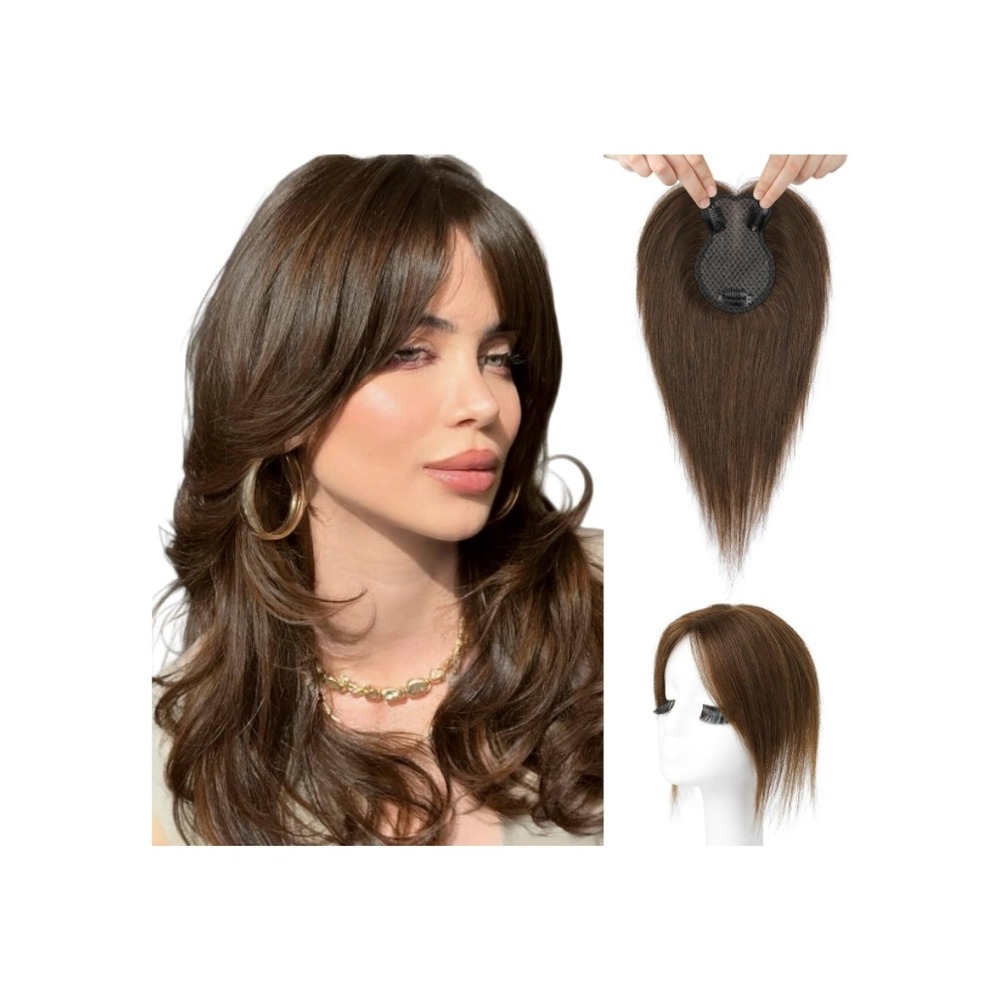 10" Medium Brown Real Human Hair Topper with Bangs 360°3D Clip in Hairpiece